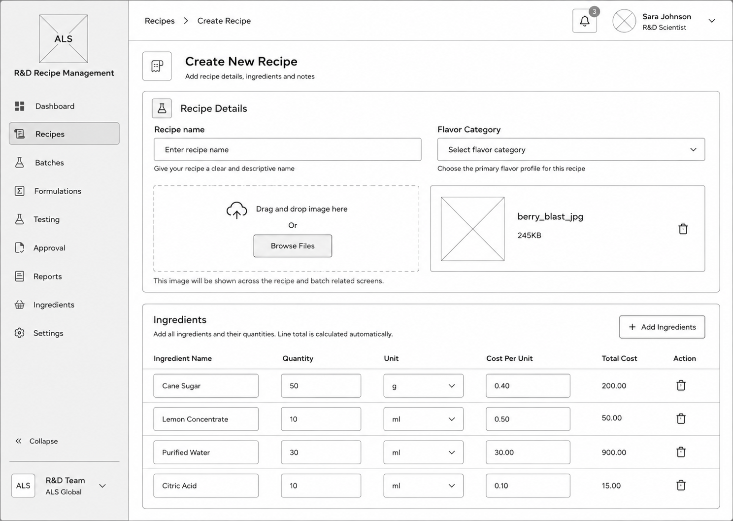 Low fidelity wireframe of Create Invoice screen